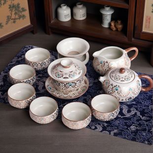家用整套功夫茶具茶杯简约泡茶茶具陶瓷盖碗茶壶 汝窑建盏茶具套装