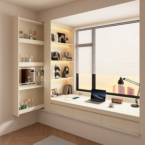 实木飘窗书桌伸缩抽拉式书柜一体