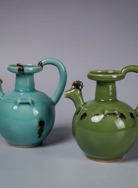 龚益华青瓷龚家窑柴点彩烧鸡首壶