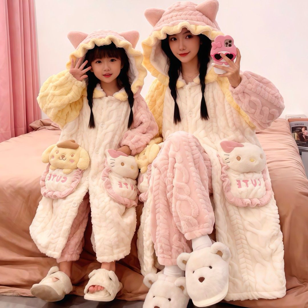 女童睡衣2026新款秋冬季珊瑚绒加厚母女睡袍儿童法兰绒女孩家居服