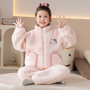 可爱卡通猫睡衣女童秋冬季珊瑚绒甜美可爱保暖2025新款家居服套装