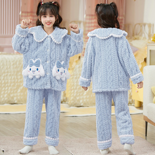 秋冬季儿童睡衣珊瑚绒冬款公主风女童加绒加厚法兰绒小女孩家居服