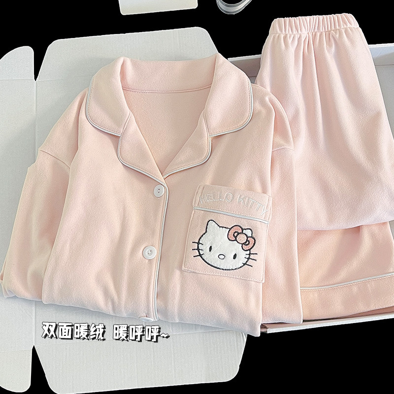 德绒儿童睡衣秋冬季可爱卡通猫长袖女中大童学生加厚小女孩家居服