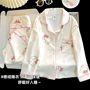 可爱卡通猫睡衣女童德绒秋冬季加厚中大童小女孩初中生保暖家居服