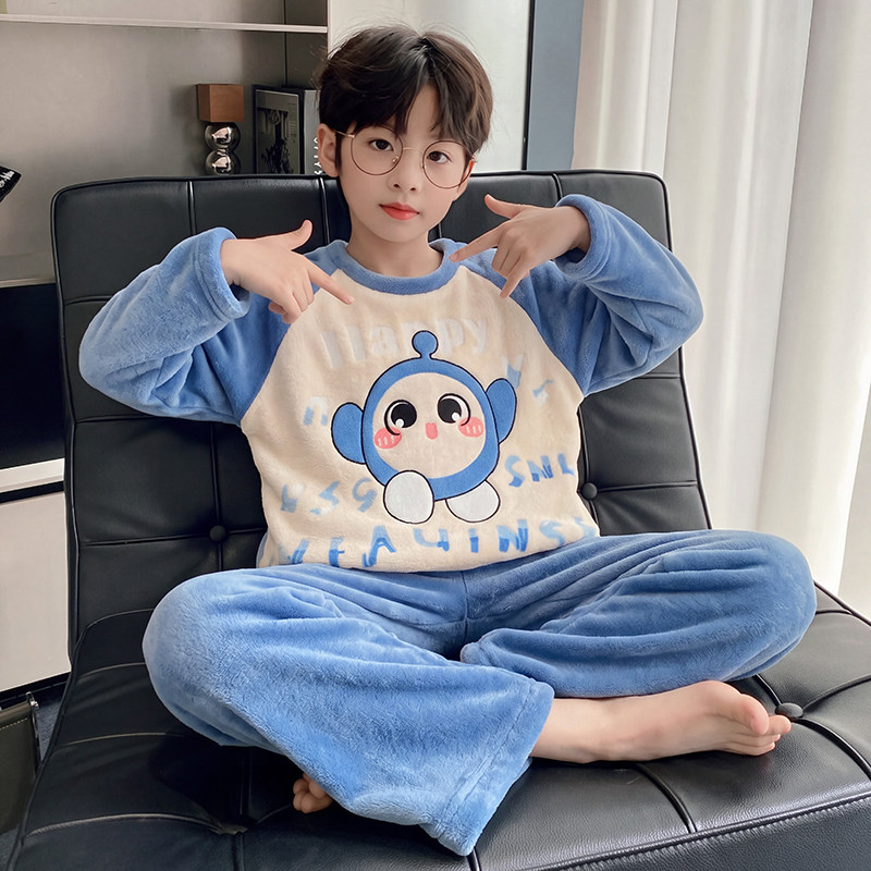 男童法兰绒睡衣秋冬季加绒加厚可爱卡通中大童小男孩珊瑚绒家居服