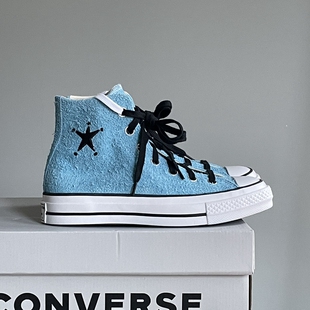 匡威Converse 1970s联名Stussy翻毛皮蓝色高帮休闲帆布鞋A07663c