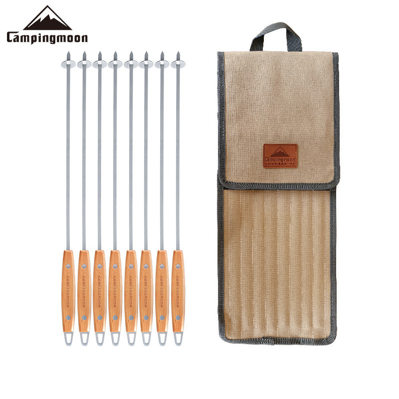 柯曼K-480榉木扁烤叉 8支装 户外不锈钢304木柄带拨片烤串烧烤签