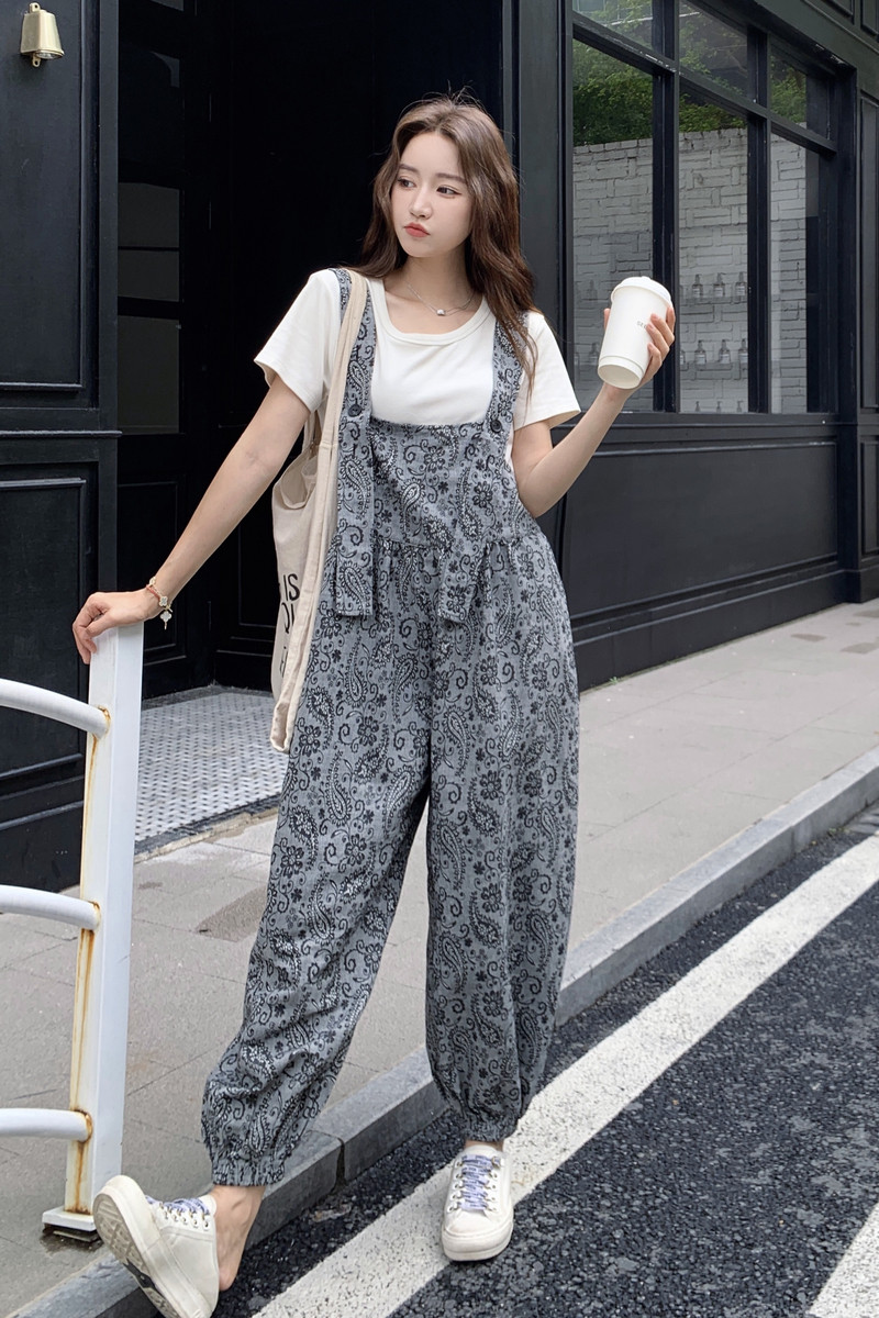 可调节印花背带裤女夏季2025新款韩系高级感小个子穿搭连体裤潮,女装套装/套裙,2C259