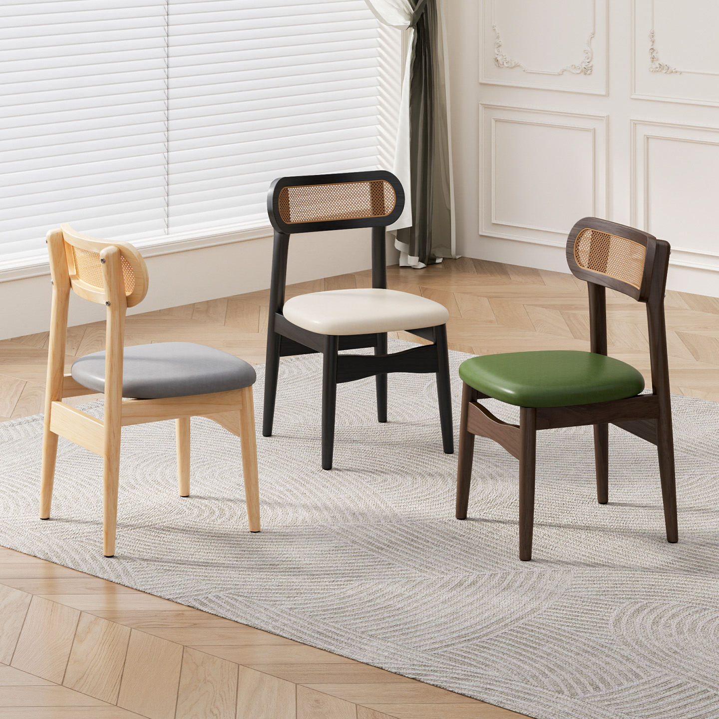 法式复古实木餐桌椅靠背餐椅中古休闲家用藤编椅子高级感绿色凳子