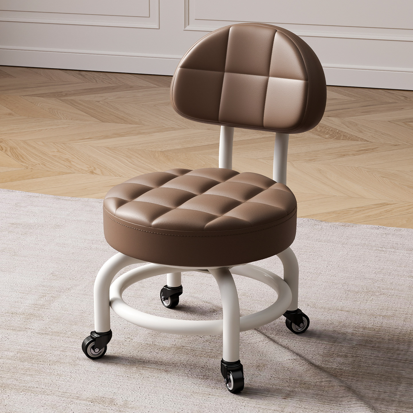 万向轮小凳子带滑轮矮凳家用换鞋凳儿童靠背椅子客厅圆凳软包板凳