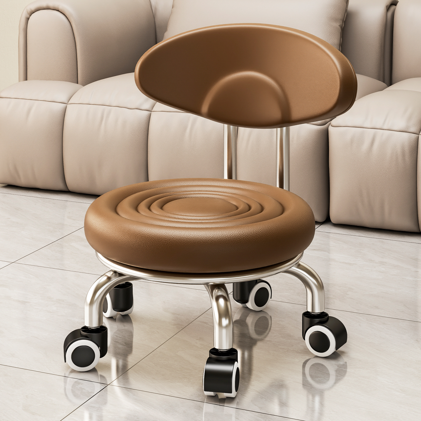 意式万向轮小凳子滑轮移动凳子家用矮凳带娃客厅带轮靠背小椅子