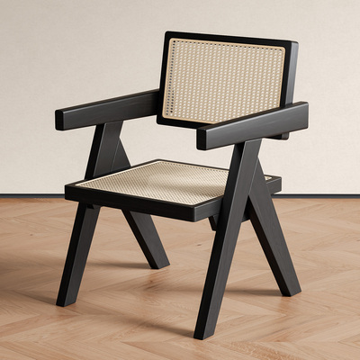 昌迪加尔椅侘寂风软包扶手靠背椅休闲藤编椅子实木餐椅家用中古风