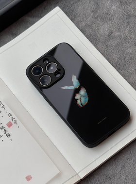 蓝色蝴蝶适用于苹果15手机壳15pro新款14Promax简约13高级感12plus硅胶11全包xsmax玻璃8p创意7小众6防摔