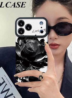 水墨黑色莲花挂绳适用苹果17promax手机壳iPhoneAir新款16pro女款15plus高级感14硅胶全包13大视窗12小羊皮11