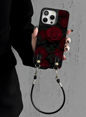 黑色玫瑰花朵挂绳适用苹果17promax手机壳iPhoneAir新款16pro女款15plus高级感14硅胶全包防摔13刀锋小羊皮12