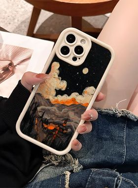 艺术橙色星空适用于苹果15手机壳15pro新款14Promax简约13高级感12plus硅胶11全包xsmax小众8女款7防摔小羊皮