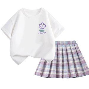 拉夏贝尔百褶裙女童半身裙2024新款夏季儿童短裙套装大童裙子仙女