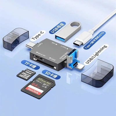 手机读卡器适用苹果type-c7合1otg手机电脑通用SDtf卡耳机扩展器
