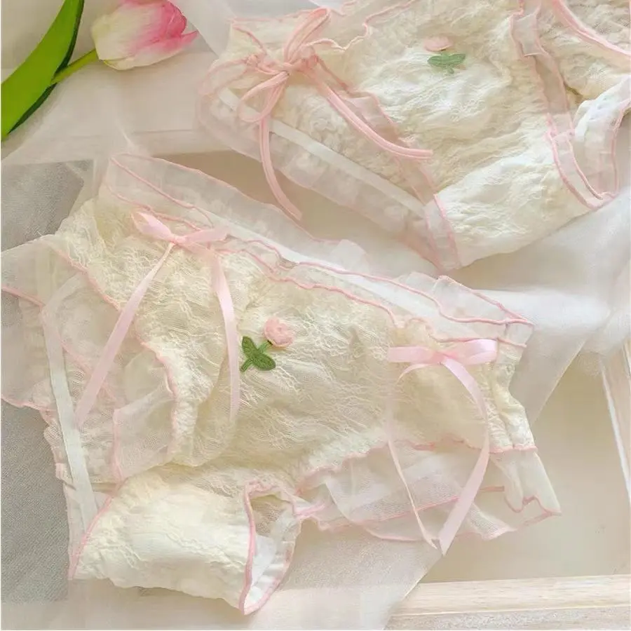 粉郁花仙~甜美纯欲风女生 高开叉系带蕾丝内裤女性感新款纯棉女士