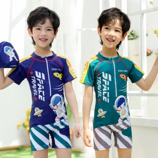 儿童泳衣男童连体带帽游泳衣小中大童男孩专业速干防晒游泳馆泳装