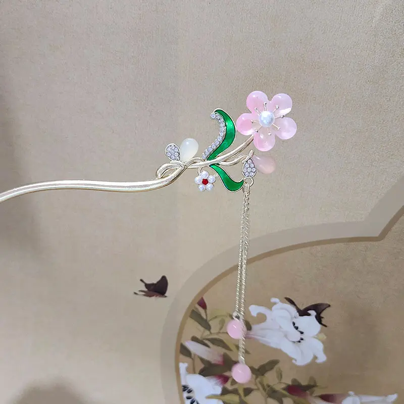 新中式超仙花朵流苏发簪复古气质盘发簪子古风汉服步摇发钗头饰女
