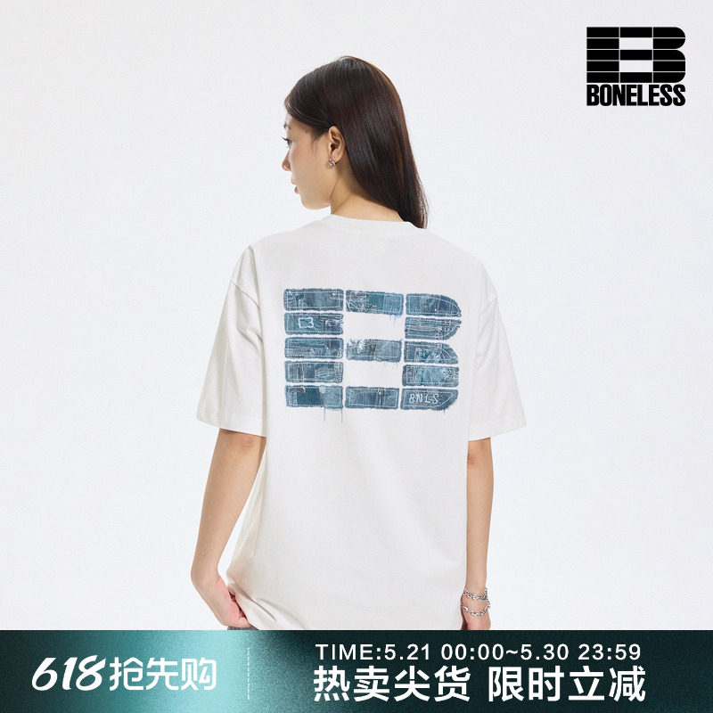 BONELESS仿牛仔贴布印花短袖T恤夏季凉感速干体恤设计感宽松半袖