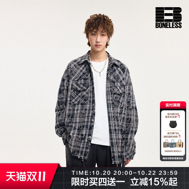 BONELESS春季新款休闲做旧散边长袖宽松格子衬衫外套男女款衬衣