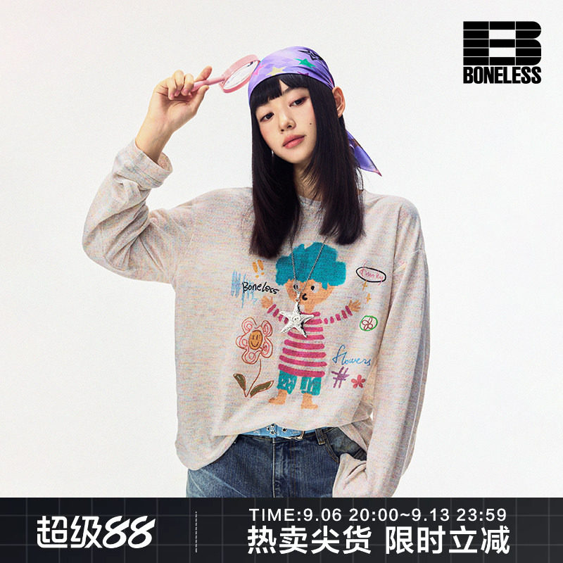 BONELESS人物涂鸦印花打底衫美式长袖T恤趣味潮牌宽松罩衫图片