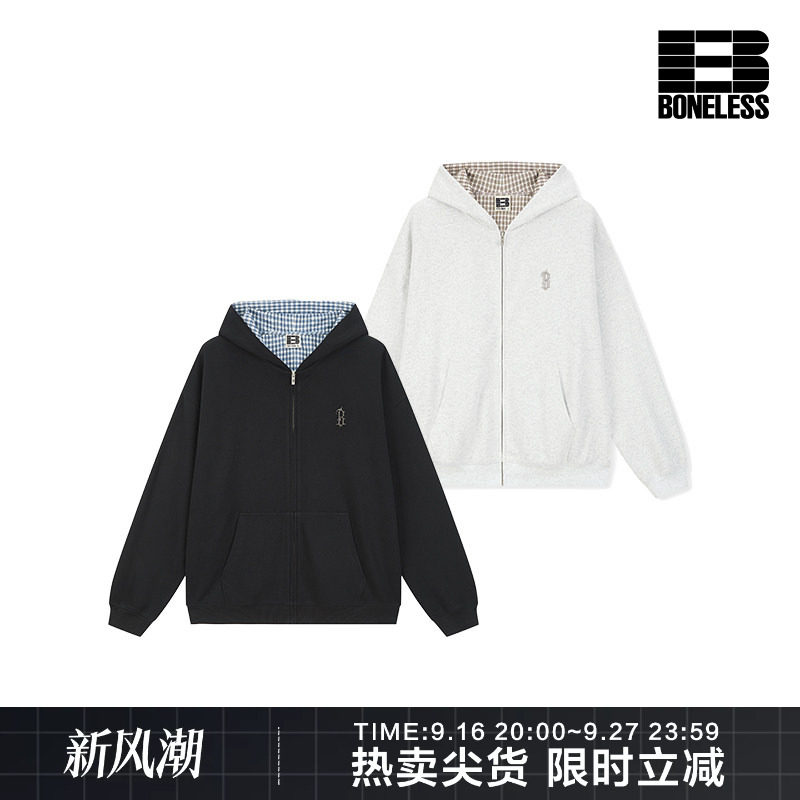 BONELESS拼接格纹连帽卫衣外套金属标宽松休闲美式街头潮流开衫图片