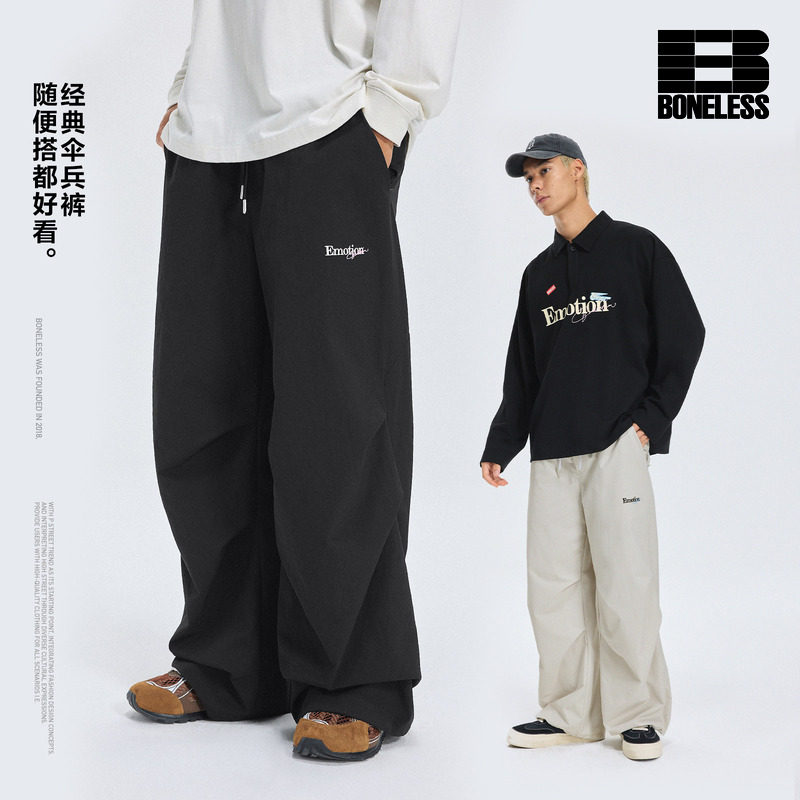 【商场同款】BONELESS趣味刺绣休闲长裤百搭褶皱伞兵裤运动裤潮图片