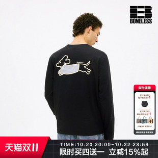 BONELESS换装小狗贴布绣章仔长袖T恤撞色领后背格子贴布绣上衣