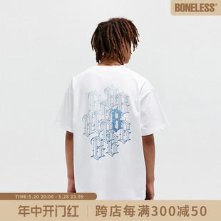 夏季 BONELESS重叠渐变B字母印花图案短袖 重磅美式 高街宽松T恤男
