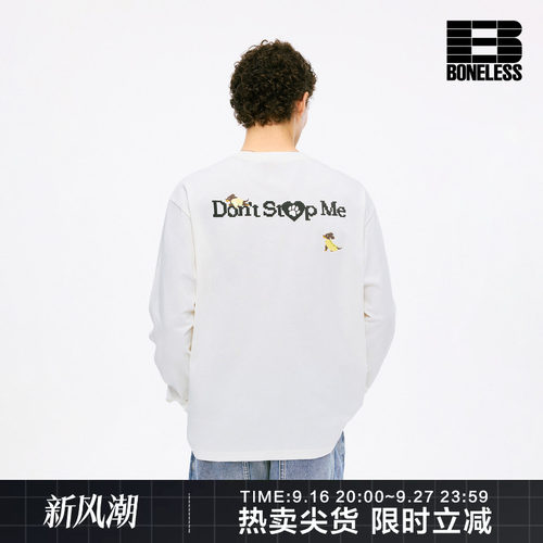 BONELESS换装小狗贴布绣章仔长袖T恤后背印花美式复古百搭上衣