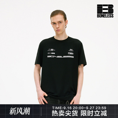 BONELESS莱赛尔COOLMAX速干不闷logo排版印花短袖T恤宽松赛车上衣