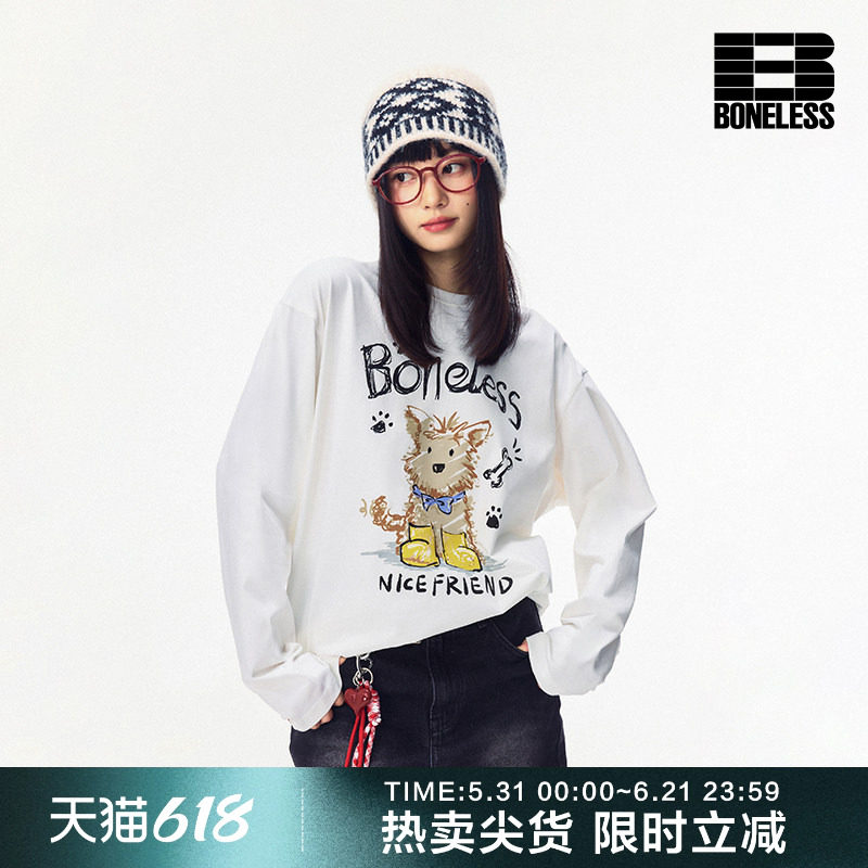 BONELESS蜡笔涂鸦小狗印绣长袖T恤秋季宽松圆领套头情侣潮牌上衣
