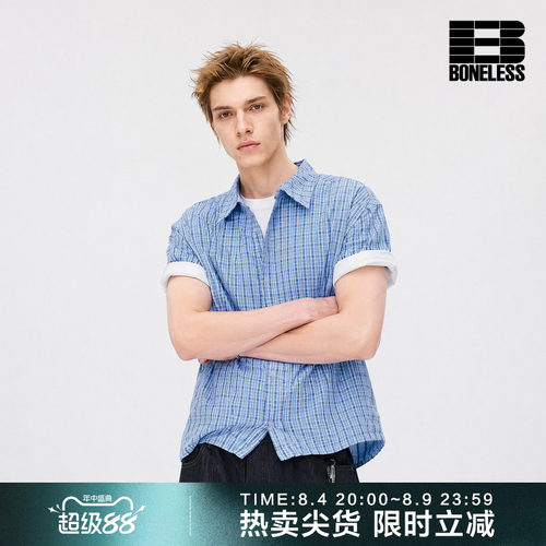 BONELESS可调节抽绳格纹短袖衬衫后幅金属LOGO标百搭时尚纯棉上衣