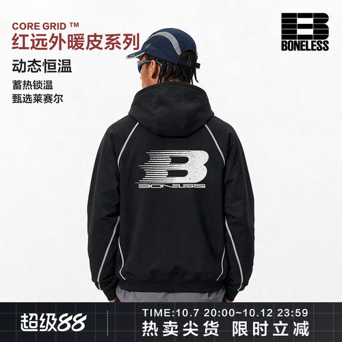 BONELESS蓄热锁温莱赛尔字母印花撞色缝线休闲运动开衫卫衣外套