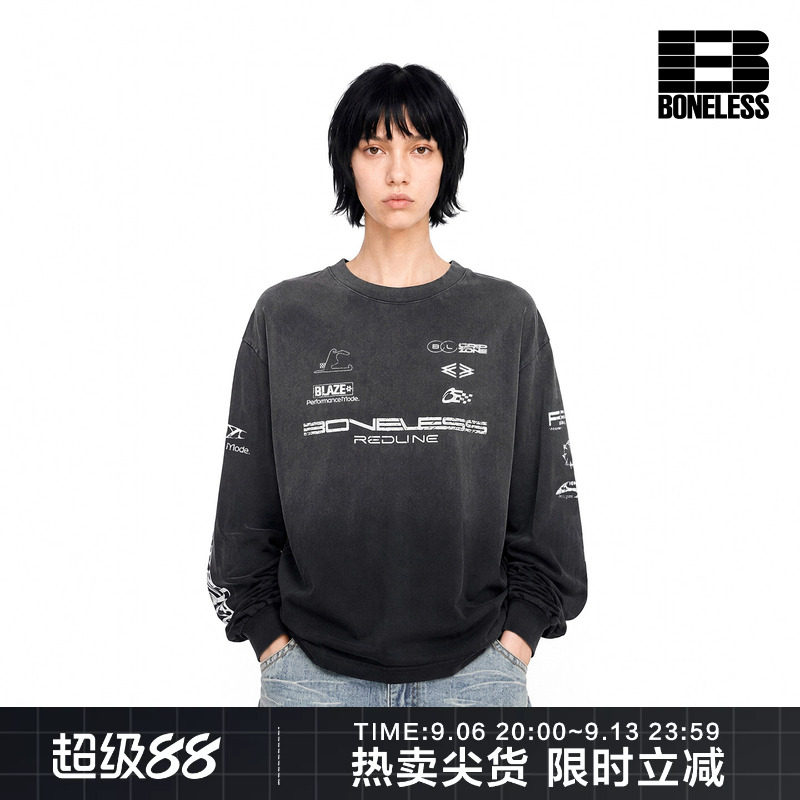 BONELESS丝网印花LOGO洗水做旧圆领长袖T恤舒适透气纯棉赛车上衣										