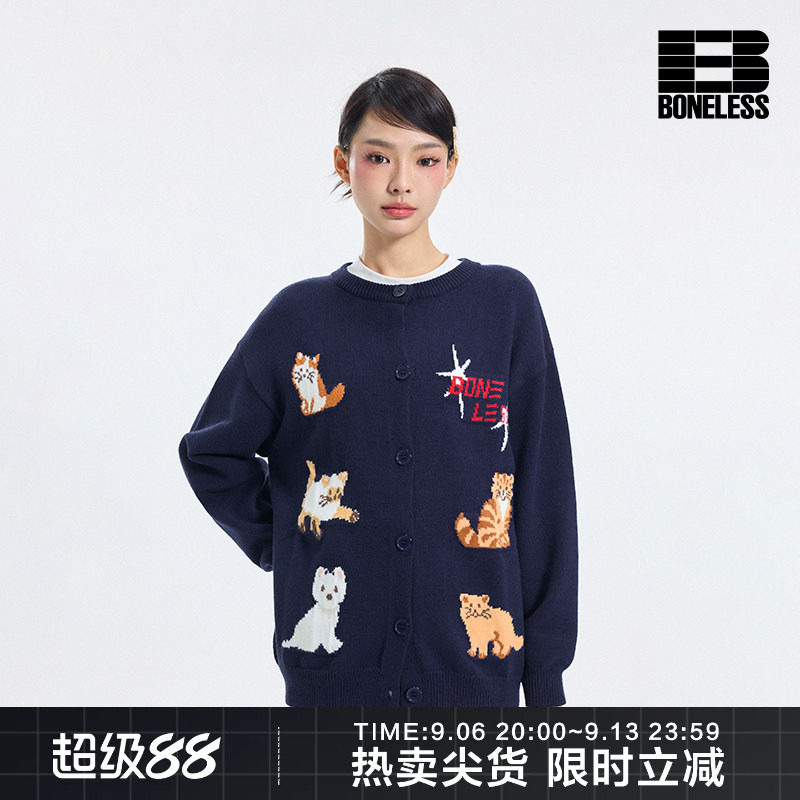 BONELESS宠物图案提花开衫毛衣秋冬新款宽松保暖弹力情侣装针织衫