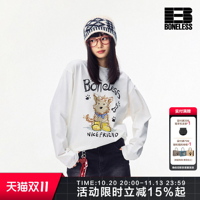 BONELESS蜡笔涂鸦小狗印绣长袖T恤秋季宽松圆领套头情侣潮牌上衣