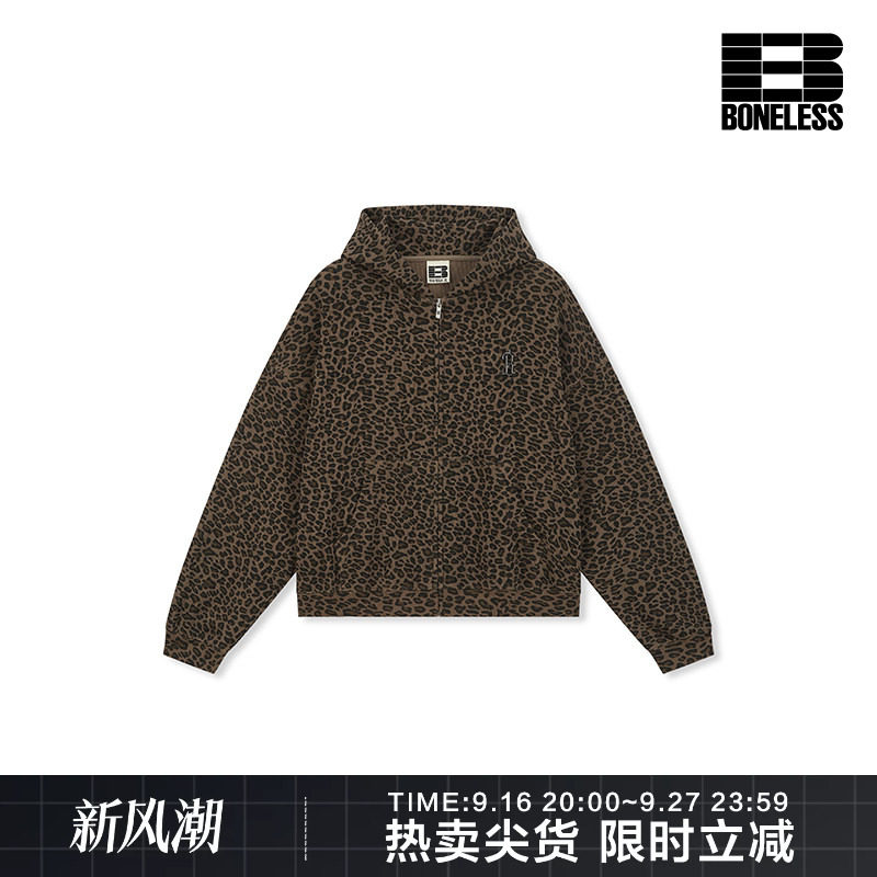 BONELESS豹纹华夫格连帽卫衣开衫金属标宽松设计感潮流休闲外套图片
