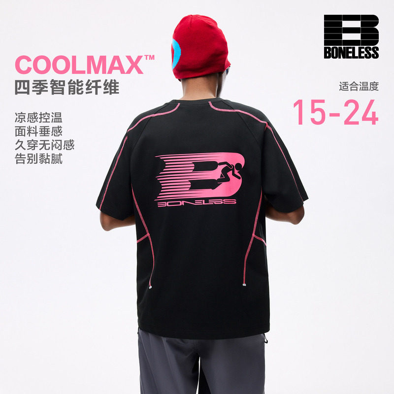 BONELESSCOOLMAX哈苏线分割宽松短袖T恤夏季运动休闲情侣体恤图片