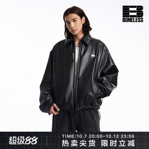 BONELESS网格B字海绵刺绣pu皮夹克秋冬短款棉服外套