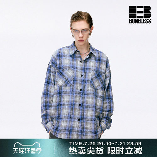 BONELESS做旧效果散边长袖衬衫秋季新款皮牌宽松休闲情侣衬衣外套