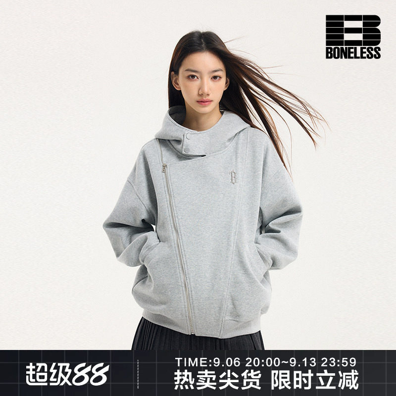 BONELESS秋季新款机车连帽拉链开衫卫衣铁标logo宽松潮牌外套图片
