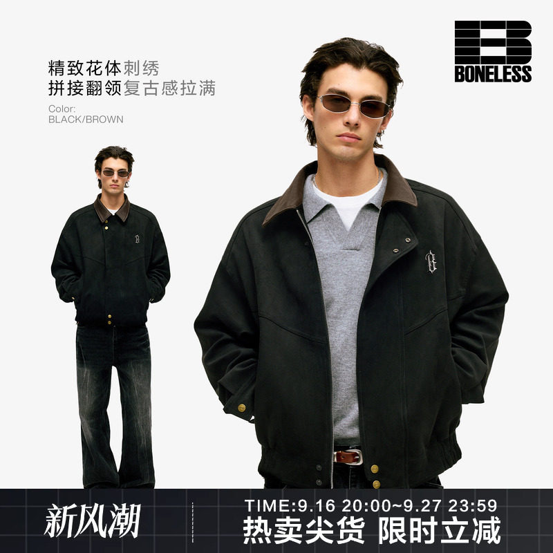 BONELESS仿牛皮绒拼皮翻领休闲夹克复古宽松撞色百搭金属标外套潮图片