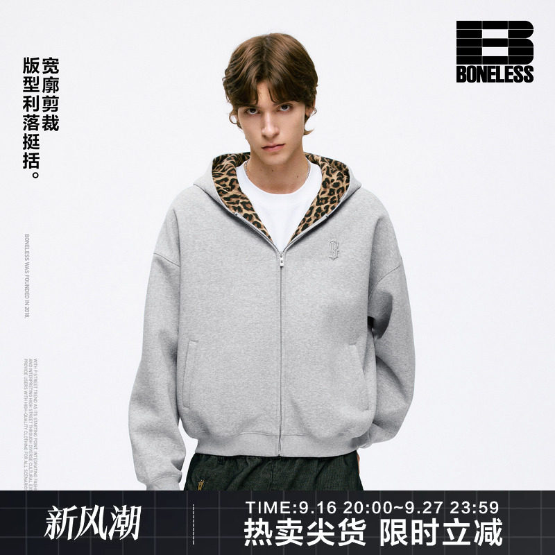 BONELESS豹纹连帽开衫卫衣金属哥特B宽松百搭设计感街头潮流外套图片