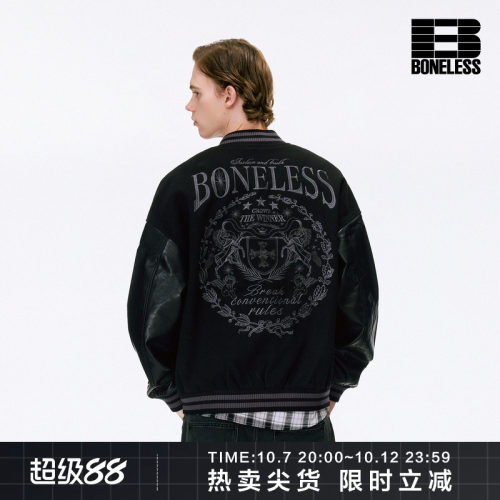 BONELESS美式街头宽松刺绣十字天使棒球服宽松百搭潮牌夹克外套
