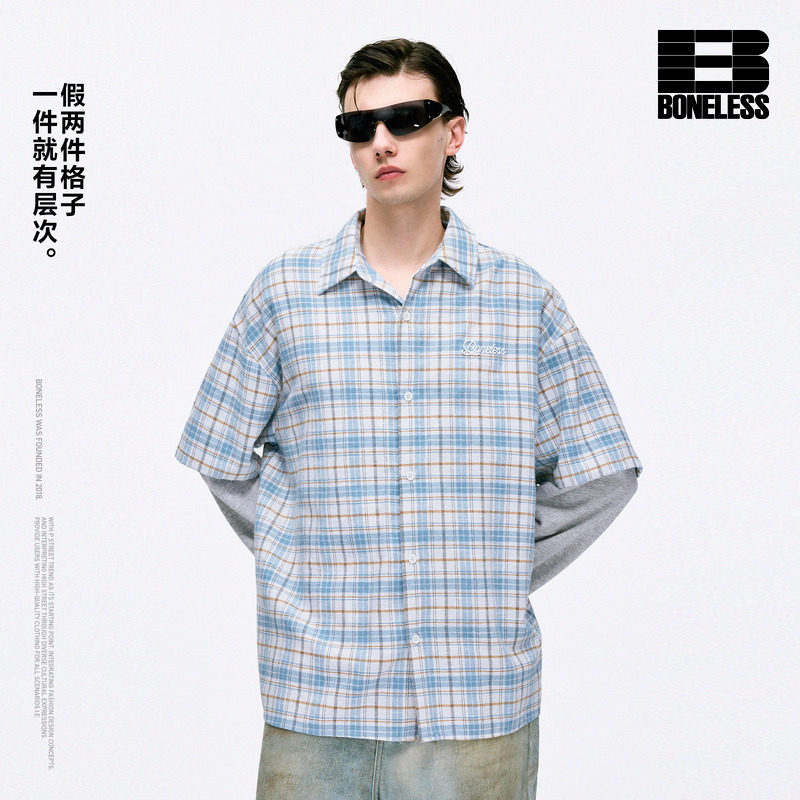 BONELESS假两件长袖格子衬衫春季宽松翻领刺绣撞色百搭衬衣外套图片