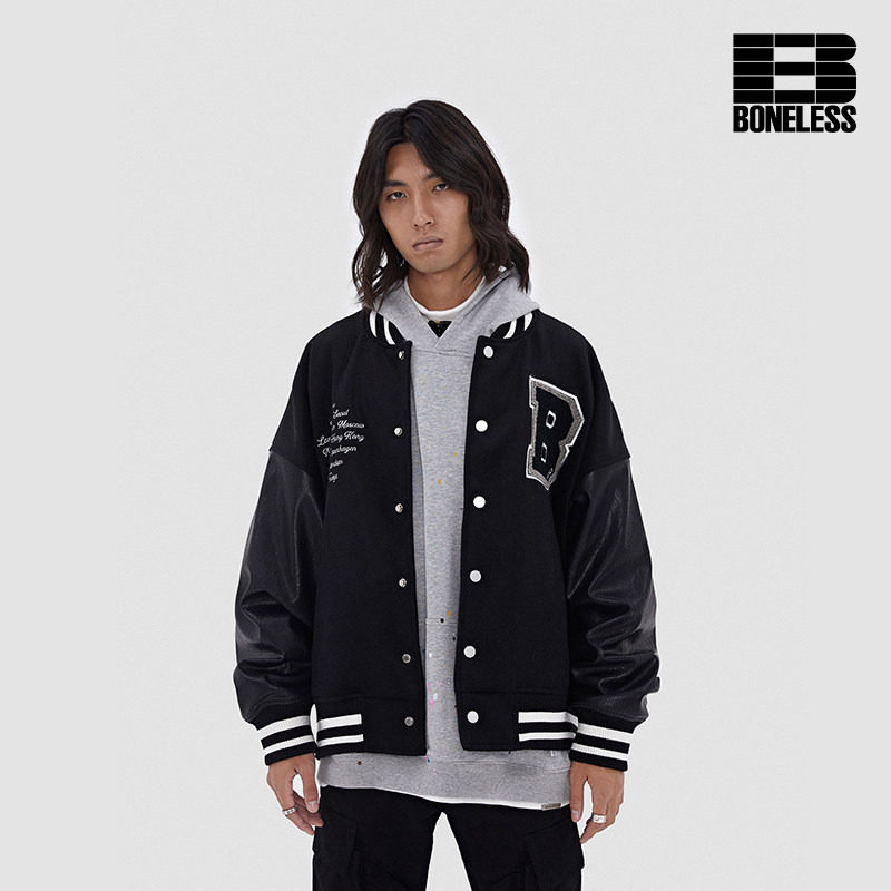 贴布刺绣羊毛拼接短款宽松棒球服图片